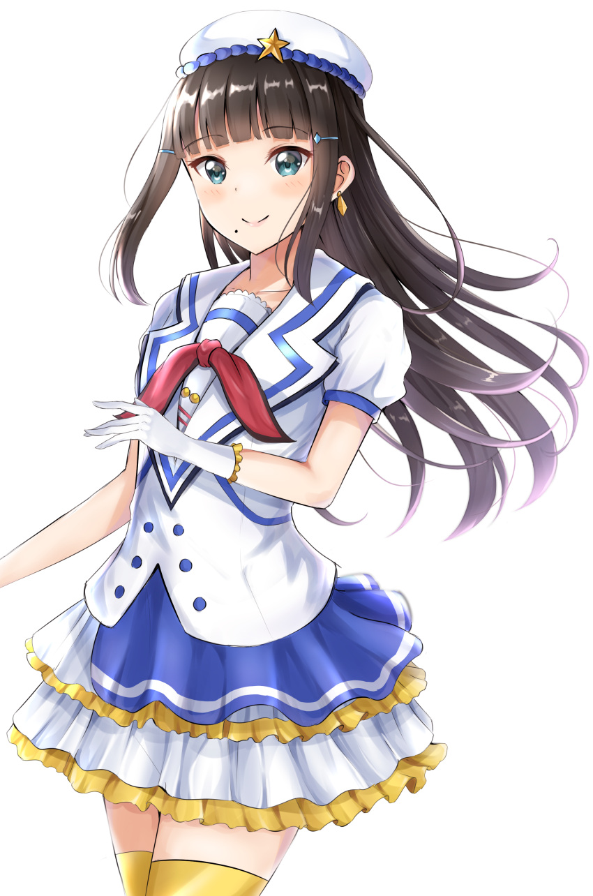 1girl absurdres aozora_jumping_heart bangs blue_eyes blunt_bangs blush brown_hair collarbone cowboy_shot earrings eyebrows_visible_through_hair floating_hair frilled_gloves frilled_skirt frills gloves hair_ornament hat highres jacket jewelry kurosawa_dia layered_skirt long_hair looking_at_viewer love_live! love_live!_sunshine!! miniskirt mole mole_under_mouth shiny shiny_hair short_sleeves simple_background sin_(sin52y) skirt smile solo standing star_hat_ornament thigh-highs very_long_hair white_background white_gloves white_headwear white_jacket yellow_legwear zettai_ryouiki