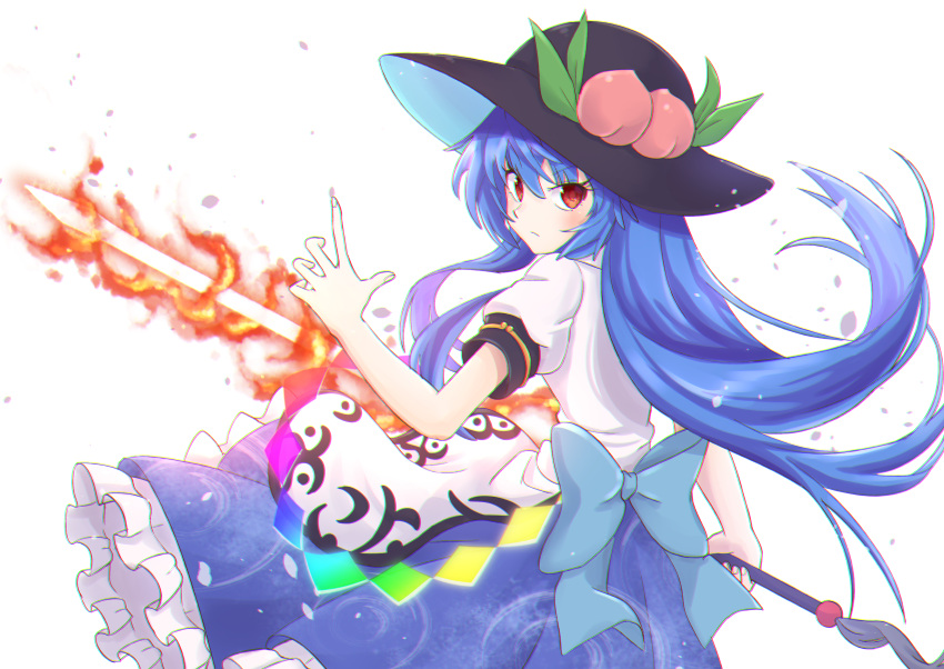 1girl absurdres apron back black_headwear blouse blue_hair blue_ribbon blue_skirt blush closed_mouth commentary_request dress_shirt eyebrows_visible_through_hair fire flaming_sword food frilled_skirt frills from_behind fruit hair_between_eyes hand_up hat highres hinanawi_tenshi holding holding_sword holding_weapon leaf long_hair looking_at_viewer looking_back peach petals puffy_short_sleeves puffy_sleeves rainbow_order ramie_(ramie541) red_eyes ribbon shirt short_sleeves skirt solo sword sword_of_hisou touhou weapon white_blouse white_shirt