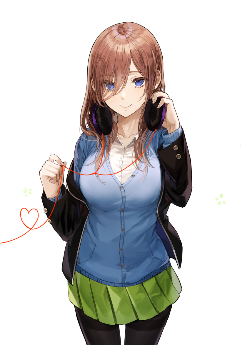 1girl bangs black_jacket black_legwear blazer blue_cardigan blue_eyes blush breasts brown_hair buttons closed_mouth collarbone collared_shirt cowboy_shot eyebrows_visible_through_hair go-toubun_no_hanayome green_skirt hair_between_eyes hair_over_one_eye hands_up headphones headphones_around_neck heart heart_of_string highres jacket kim_eb large_breasts lips long_hair long_sleeves looking_at_viewer miniskirt nakano_miku off_shoulder open_clothes open_jacket pantyhose pleated_skirt red_string school_uniform shirt sidelocks simple_background skirt smile solo standing string white_background white_shirt