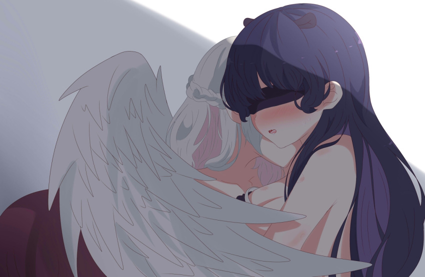 2girls animal_ears bangs bare_shoulders bent_over blindfold blue_hair blush braid breasts cleavage collarbone commentary_request doremy_sweet feathered_wings french_braid from_side hickey kishin_sagume large_breasts long_hair multiple_girls no_hat no_headwear open_mouth shadow short_hair silver_hair tapir_ears touhou upper_body white_background white_wings wings yukome yuri