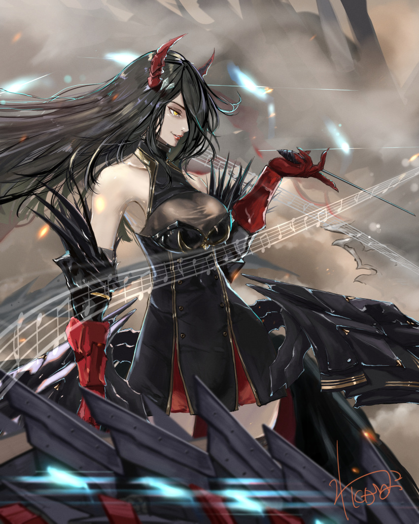 1girl absurdres azur_lane bangs bare_shoulders baton_(instrument) black_dress black_hair black_legwear breasts cannon cleavage dress friedrich_der_grosse_(azur_lane) from_side gloves hair_over_one_eye highres holding horns kdm_(ke_dama) large_breasts long_hair machinery outdoors parted_lips red_gloves red_horns red_lips rigging signature sleeveless sleeveless_dress smile solo taut_clothes taut_dress thigh-highs very_long_hair wind yellow_eyes