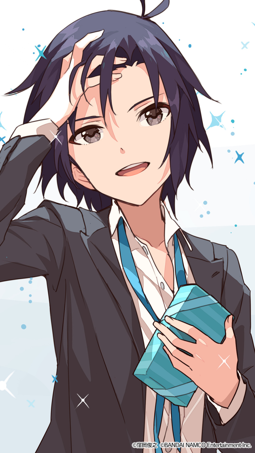 1girl antenna_hair black_eyes black_hair formal highres idolmaster idolmaster_million_live! idolmaster_million_live!_theater_days kikuchi_makoto looking_at_viewer loose_clothes loose_shirt official_art open_mouth shirt short_hair solo suit white_day