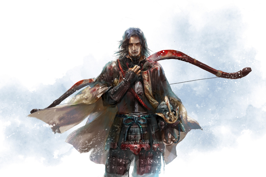 1boy armor ashina_genichirou black_hair bow_(weapon) cdash817 cloak facial_hair faulds headwear_removed helmet helmet_removed highres japanese_armor kote looking_at_viewer male_focus messy_hair realistic red_eyes sekiro:_shadows_die_twice solo standing stubble weapon weapon_on_back