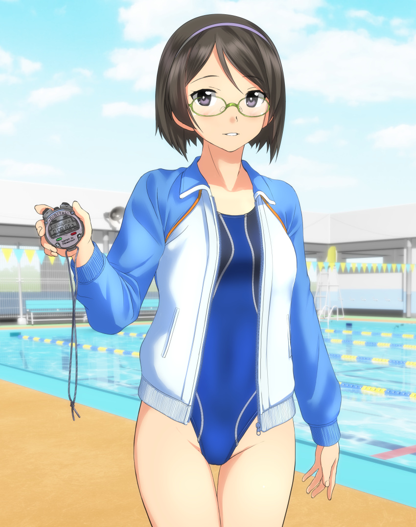 1girl absurdres alternate_costume black_eyes black_hair blue_hairband blue_sky blue_swimsuit clouds commentary_request competition_swimsuit cowboy_shot day glasses green-framed_eyewear hairband highres jacket kantai_collection kirishima_(kantai_collection) looking_at_viewer one-piece_swimsuit outdoors pool short_hair sky solo standing stopwatch swimsuit takafumi track_jacket two-tone_jacket watch