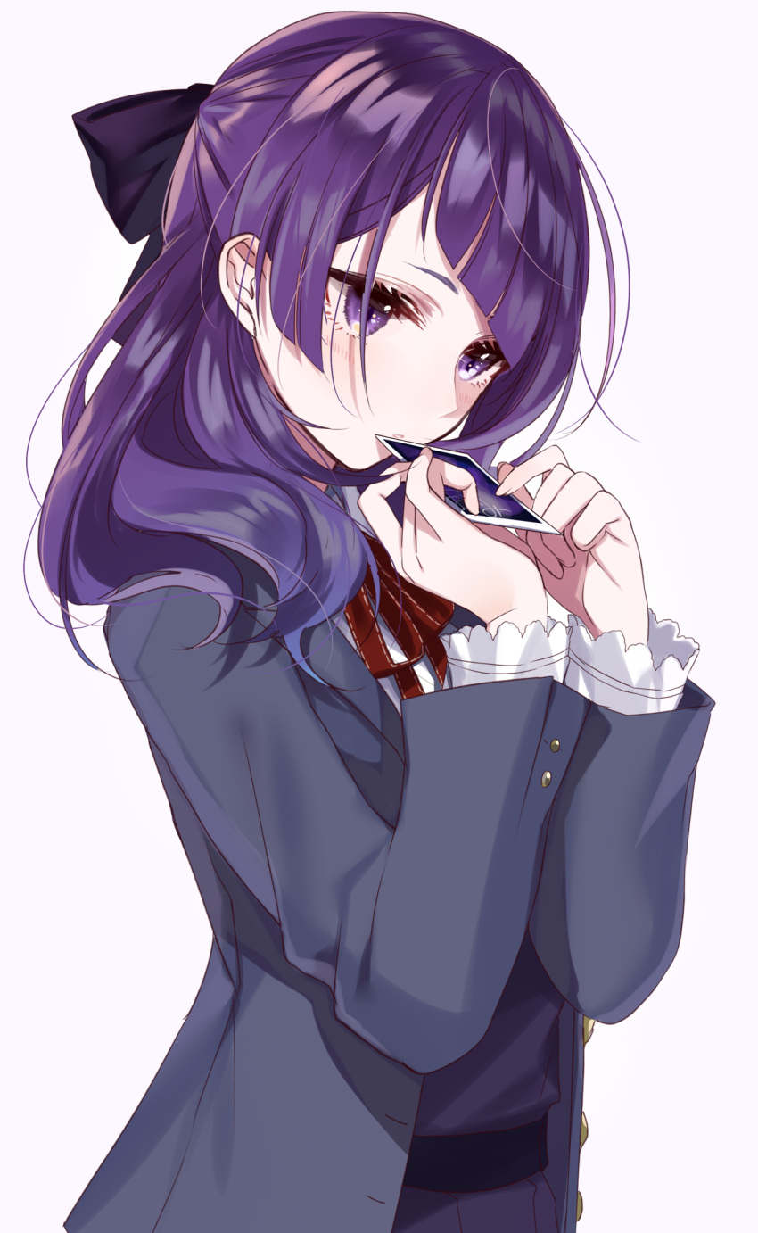 1girl bangs black_bow black_jacket blazer bow card hair_bow hands_up highres holding holding_card idolmaster idolmaster_shiny_colors jacket long_hair long_sleeves misumi_(macaroni) neck_ribbon parted_lips pleated_skirt purple_hair purple_skirt red_ribbon ribbon shirt skirt solo tanaka_mamimi upper_body violet_eyes white_shirt