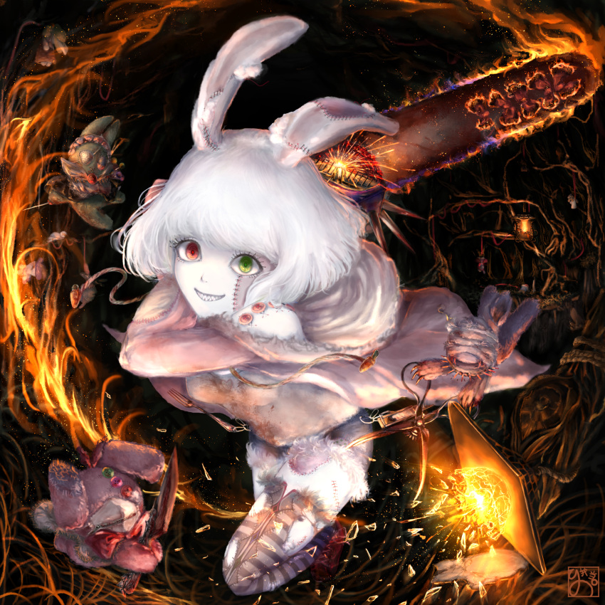 1girl animal_ears broken_glass cable chainsaw cloak commentary_request dark doll eyelashes eyepatch fire flaming_weapon fork fur-trimmed_legwear fur-trimmed_skirt fur_trim glass glass_shards grin heterochromia highres hinomaru_bento holding holding_weapon knife lantern looking_at_viewer original pale_skin rabbit_ears roots scissors sharp_teeth smile sparks stitches striped striped_legwear teeth thigh-highs weapon white_hair white_skin