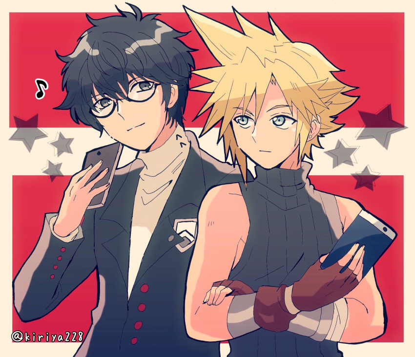 1boy 2boys amamiya_ren armor atlus black_hair blonde_hair blue_eyes card cloud_strife final_fantasy final_fantasy_vii glasses highres kiriya_(552260) male_focus megami_tensei multiple_boys nintendo persona persona_5 playstation short_hair shoulder_armor smile sony spiky_hair square_enix super_smash_bros. super_smash_bros._ultimate