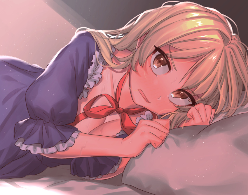 1girl alternate_eye_color bangs bed blonde_hair breasts brown_eyes cleavage collarbone commentary_request dress eyebrows_visible_through_hair frilled_sleeves frills hands_up highres indoors light_particles long_hair looking_at_viewer lying masanaga_(tsukasa) medium_breasts neck_ribbon no_hat no_headwear on_side open_mouth pillow puffy_short_sleeves puffy_sleeves purple_dress red_neckwear red_ribbon ribbon shadow short_sleeves solo touhou upper_body yakumo_yukari