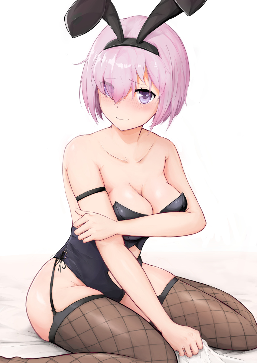 1girl absurdres animal_ears aogumaptticrash bangs bare_arms bare_shoulders blush breasts bunnysuit cleavage collarbone commentary_request eyebrows_visible_through_hair fate/grand_order fate_(series) fishnet_legwear fishnets grabbing hair_over_one_eye highres kneeling large_breasts lavender_hair looking_at_viewer mash_kyrielight mole mole_on_breast purple_hair rabbit_ears short_hair simple_background smile solo thigh-highs violet_eyes white_background