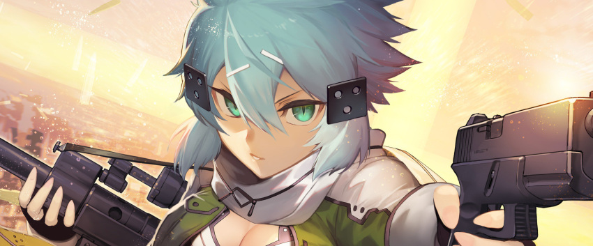 1girl aqua_eyes blue_hair breasts cleavage close-up gloves gun hair_between_eyes hair_ornament hairclip highres holding holding_gun holding_weapon nkmr8 rifle scarf short_hair sinon slit_pupils sniper_rifle solo sword_art_online weapon