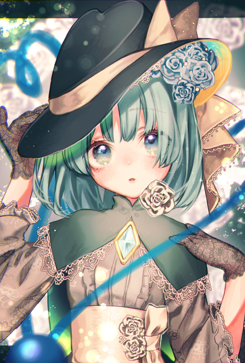 1girl alternate_costume bangs black_headwear blush brooch capelet commentary_request eyebrows_visible_through_hair fedora flower gloves green_capelet green_eyes green_hair grey_shirt hand_on_headwear hand_up hat hat_ribbon heart heart_of_string highres jewelry koishi_day komeiji_koishi lace_trim letterboxed long_sleeves looking_at_viewer mokokiyo_(asaddr) outside_border parted_lips ribbon rose sash shirt short_hair solo third_eye touhou upper_body white_flower white_rose white_sash wide_sleeves yellow_ribbon