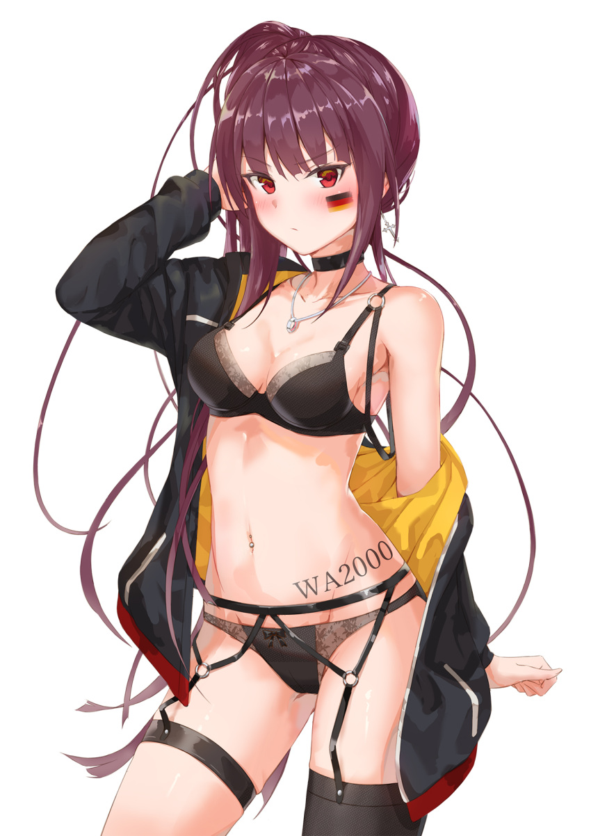 1girl bangs black_bra black_legwear black_panties blush bra breasts character_name choker contrapposto cross cross_earrings earrings eyebrows_visible_through_hair garter_belt garter_straps german_flag girls_frontline groin hair_ribbon hand_in_hair heartsix highres jacket jewelry large_breasts long_hair looking_at_viewer navel necklace o-ring off_shoulder one_side_up open_clothes open_jacket panties purple_hair red_eyes ribbon ring simple_background single_thighhigh skindentation solo stomach thigh-highs underwear v-shaped_eyebrows very_long_hair wa2000_(girls_frontline) white_background
