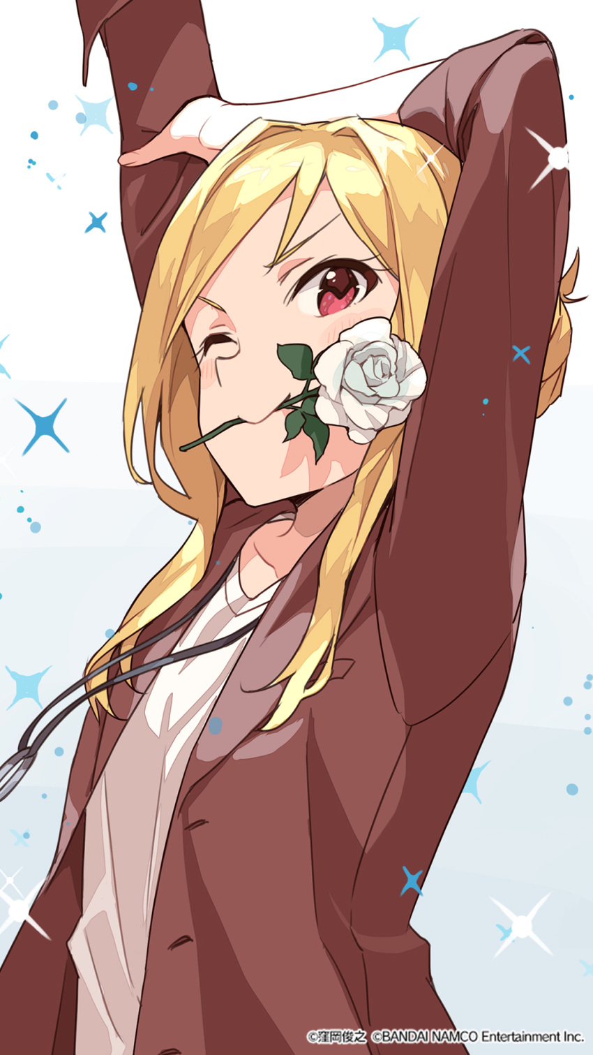 1girl blazer blonde_hair flower highres idolmaster idolmaster_million_live! idolmaster_million_live!_theater_days jacket jewelry long_hair looking_at_viewer momose_rio necklace official_art one_eye_closed red_eyes rose solo white_day white_flower white_rose