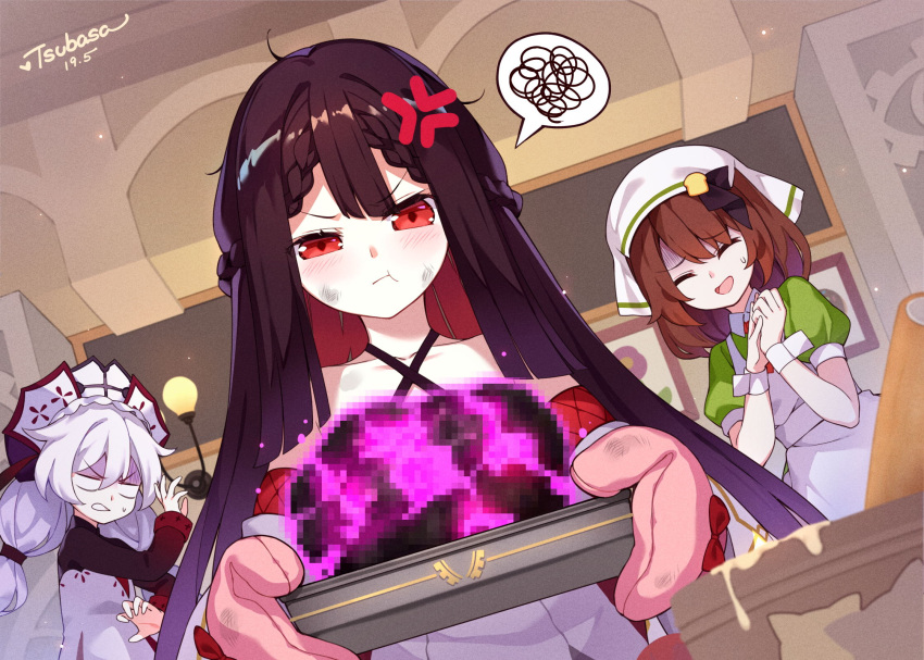 3girls :t anger_vein apron bangs bare_shoulders blush braid brown_hair censored censored_food character_request closed_mouth collarbone commentary_request criss-cross_halter dated dress dutch_angle eyebrows_visible_through_hair green_dress halterneck hands_up head_scarf highres holding honkai_(series) honkai_impact_3rd indoors long_hair long_sleeves low_twintails maid_apron mosaic_censoring multicolored_hair multiple_girls oven_mitts own_hands_together pout puffy_short_sleeves puffy_sleeves red_eyes redhead short_sleeves signature silver_hair spoken_squiggle squiggle theresa_apocalypse tsubasa_tsubasa twintails two-tone_hair uneven_eyes v-shaped_eyebrows very_long_hair white_apron white_dress white_headwear wrist_cuffs