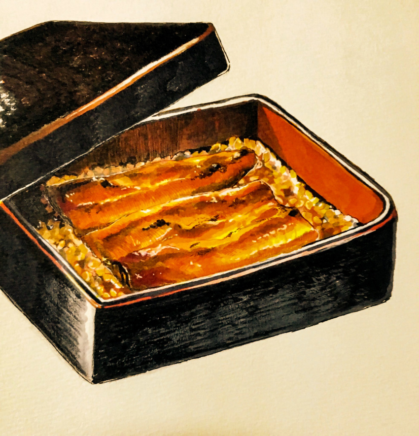 box commentary_request eel food grilled_eel highres juubako marker_(medium) no_humans original rice ten'non traditional_media unajuu_(food)