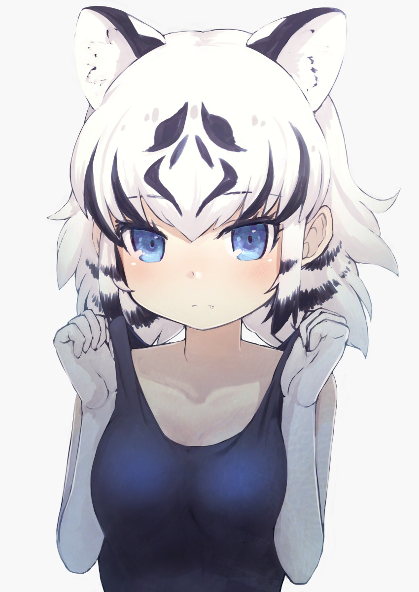1girl absurdres animal_ear_fluff animal_ears bangs black_hair blue_eyes blue_swimsuit breasts collarbone commentary deku_suke elbow_gloves extra_ears eyebrows_visible_through_hair fang fang_out frown gloves hair_between_eyes hands_up highres kemono_friends looking_at_viewer medium_hair multicolored_hair one-piece_swimsuit simple_background small_breasts solo strap_lift streaked_hair swimsuit tiger_ears two-tone_hair upper_body white_background white_gloves white_hair white_tiger_(kemono_friends)