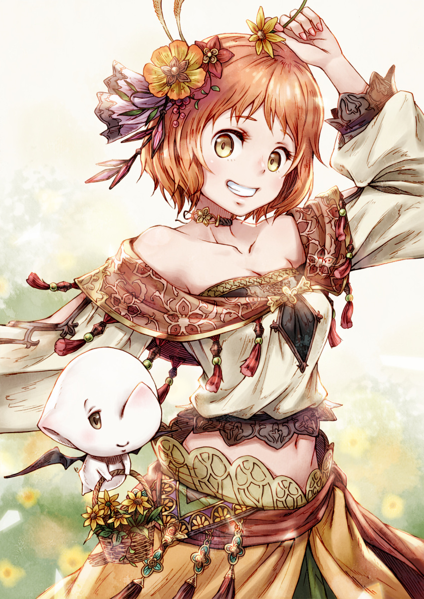 1girl bob_cut breasts brown_hair choker cleavage collarbone fantasy flower grin hair_flower hair_ornament highres log long_sleeves looking_at_viewer medium_breasts midriff nail_polish navel original pink_nails sho_(sumika) short_hair sitting smile solo standing stomach white_background yellow_eyes yellow_flower