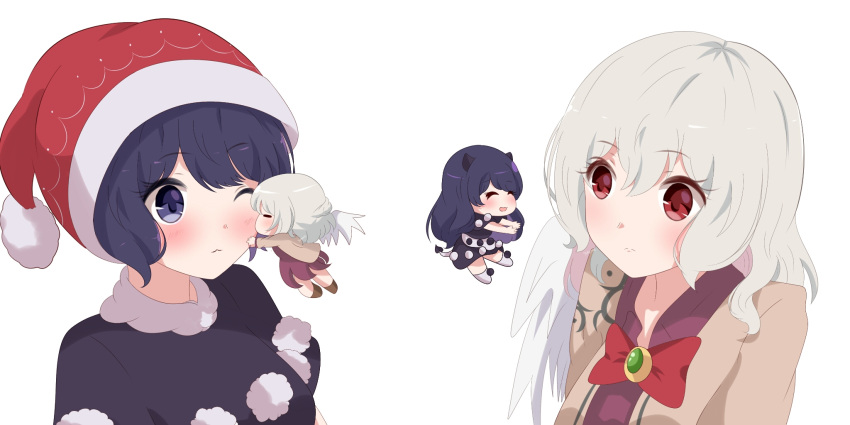3; 4girls :3 :d =_= ^_^ animal_ears bangs black_capelet black_dress blue_eyes blue_hair blush bow bowtie braid breasts brooch brown_footwear brown_jacket capelet cheek_kiss chibi closed_eyes closed_eyes commentary doremy_sweet dress dual_persona eyebrows_visible_through_hair facing_another feathered_wings floating french_braid hair_between_eyes hat highres jacket jewelry kishin_sagume kiss long_hair long_sleeves looking_at_another medium_breasts multiple_girls nightcap no_hat no_headwear one_eye_closed open_mouth pom_pom_(clothes) profile purple_dress reaching_out red_bow red_eyes red_headwear red_neckwear shoes short_hair short_sleeves silver_hair simple_background single_wing smile socks tail tapir_ears tapir_tail touhou upper_body very_long_hair white_background white_legwear white_wings wings yukome yuri