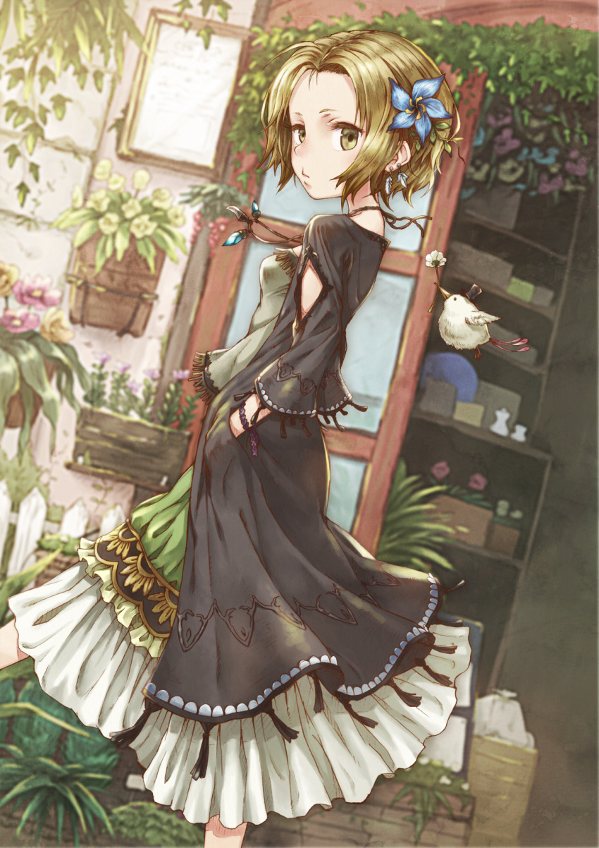 1girl bird blonde_hair blue_flower breasts cutout dutch_angle earrings feather_earrings flower from_side green_eyes green_skirt grey_shirt hair_flower hair_ornament hand_in_pocket highres jewelry layered_skirt long_skirt looking_at_viewer necklace original outdoors shirt sho_(sumika) short_hair skirt small_breasts solo walking white_flower white_skirt