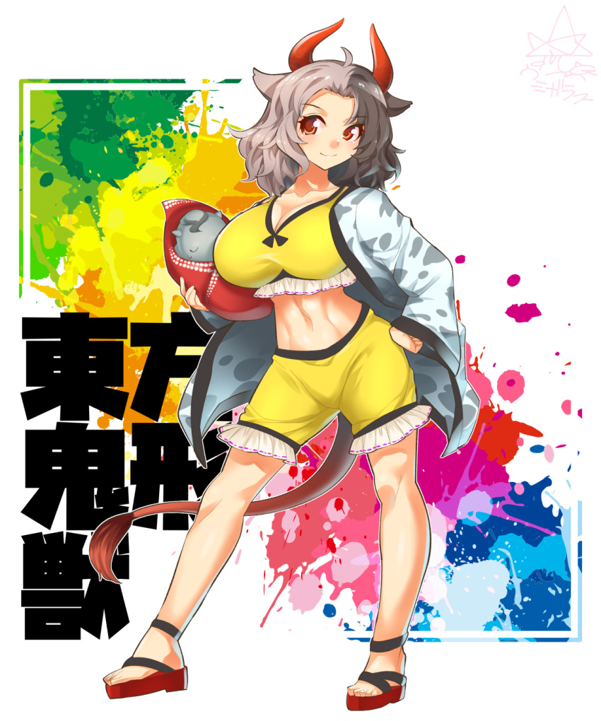 animal_ears black_hair breasts brown_eyes cleavage coat cow_ears cow_tail crop_top frills full_body grey_hair hand_on_hip highres holding horns large_breasts midriff multicolored_hair navel red_horns sandals shirt short_hair shorts sleeveless sleeveless_shirt smile statue tail touhou two-tone_hair umigarasu_(kitsune1963) ushizaki_urumi wide_sleeves