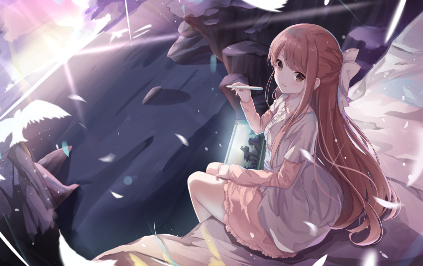 1girl bangs bird bow brown_eyes brown_hair eyebrows_visible_through_hair feathers hair_bow hair_ribbon highres long_hair looking_at_viewer looking_back open_mouth outdoors ribbon rin_(shelter) shelter_(music_video) sitting solo stylus sunrise swept_bangs tablet_pc touhourh