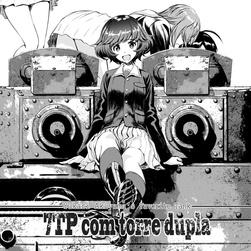 5girls 7tp :d absurdres ahoge akiyama_yukari arm_support bangs bent_over boots character_name english_text eyebrows_visible_through_hair girls_und_panzer greyscale ground_vehicle hairband halftone head_tilt highres isuzu_hana jacket legs_crossed legs_up long_hair long_sleeves looking_at_viewer messy_hair military military_uniform military_vehicle miniskirt monochrome motor_vehicle multiple_girls nishizumi_miho ooarai_military_uniform open_mouth piroishi pleated_skirt reizei_mako shadow shirt short_hair skirt smile socks standing takebe_saori tank uniform zipper