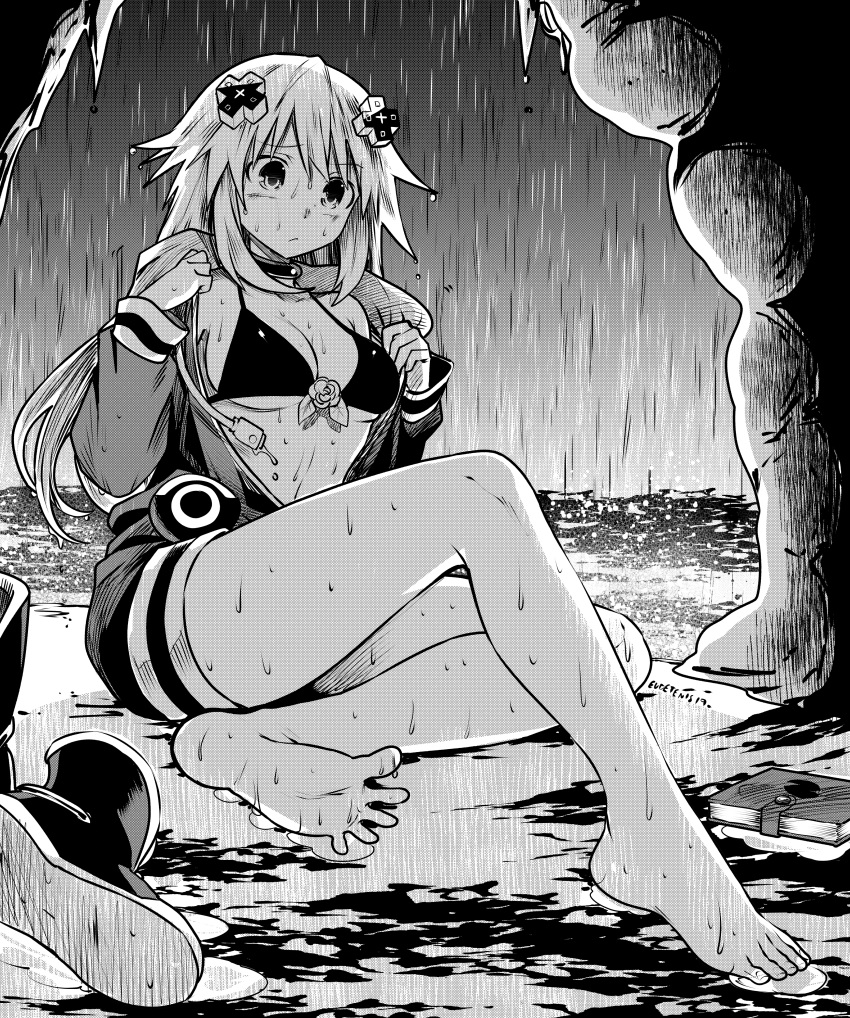 1girl absurdres adult_neptune bare_legs bare_shoulders barefoot bikini black_choker blush boots_removed breasts choker d-pad d-pad_hair_ornament eudetenis frown full_body greyscale hair_ornament highres hood hooded_jacket huge_filesize jacket knee_up legs long_hair medium_breasts monochrome neptune_(series) off_shoulder open_clothes open_jacket rain shin_jigen_game_neptune_vii sitting solo swimsuit thighs undressing usb very_long_hair wet wet_clothes