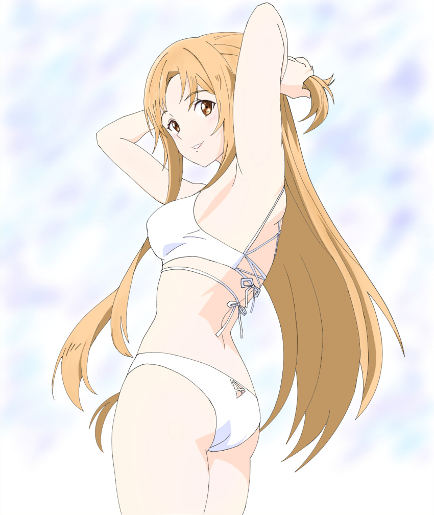 1girl armpits ass asuna_(sao) bikini blonde_hair breasts brown_eyes collarbone derivative_work eyebrows_visible_through_hair floating_hair highres long_hair looking_at_viewer medium_breasts parted_lips ribbon sideboob solo standing swimsuit sword_art_online tying_hair very_long_hair white_bikini white_ribbon yuni