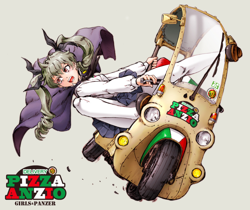1girl action anchovy anzio_school_uniform bangs black_cape black_footwear black_neckwear black_ribbon black_skirt cape carpaccio character_name commentary_request dress_shirt drill_hair emblem english_text frown girls_und_panzer green_hair grey_background ground_vehicle hair_ribbon loafers long_hair long_sleeves looking_to_the_side miniskirt motion_blur motor_vehicle motorcycle necktie open_mouth pantyhose partial_commentary pleated_skirt red_eyes ribbon riding school_uniform shirt shoes sitting skirt solo teketeke_(tekenotteke) twin_drills twintails vehicle_request white_legwear white_shirt
