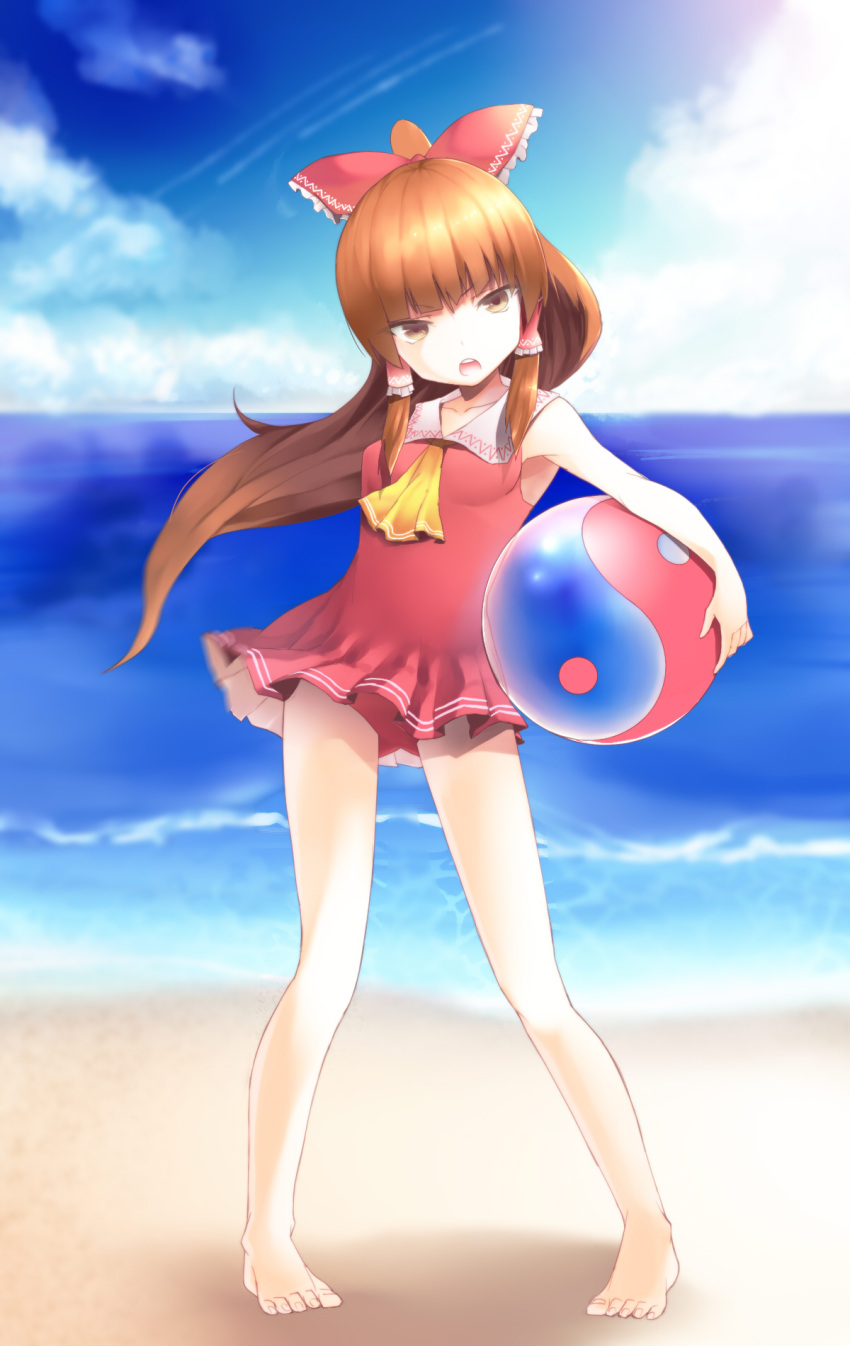 1girl angry ascot ball bangs beach beachball blue_sky blurry blurry_background bow breasts brown_eyes brown_hair clouds collarbone day floating_hair frilled_bow frills full_body hair_bow hair_tubes hakurei_reimu head_tilt highres long_hair looking_at_viewer ocean open_mouth outdoors ponytail red_bikini_top red_bow red_shirt sailor_collar shiny shiny_hair shirt sky sleeveless sleeveless_shirt small_breasts solo sunlight tauta_(meshia8787) touhou very_long_hair white_sailor_collar yellow_neckwear younger