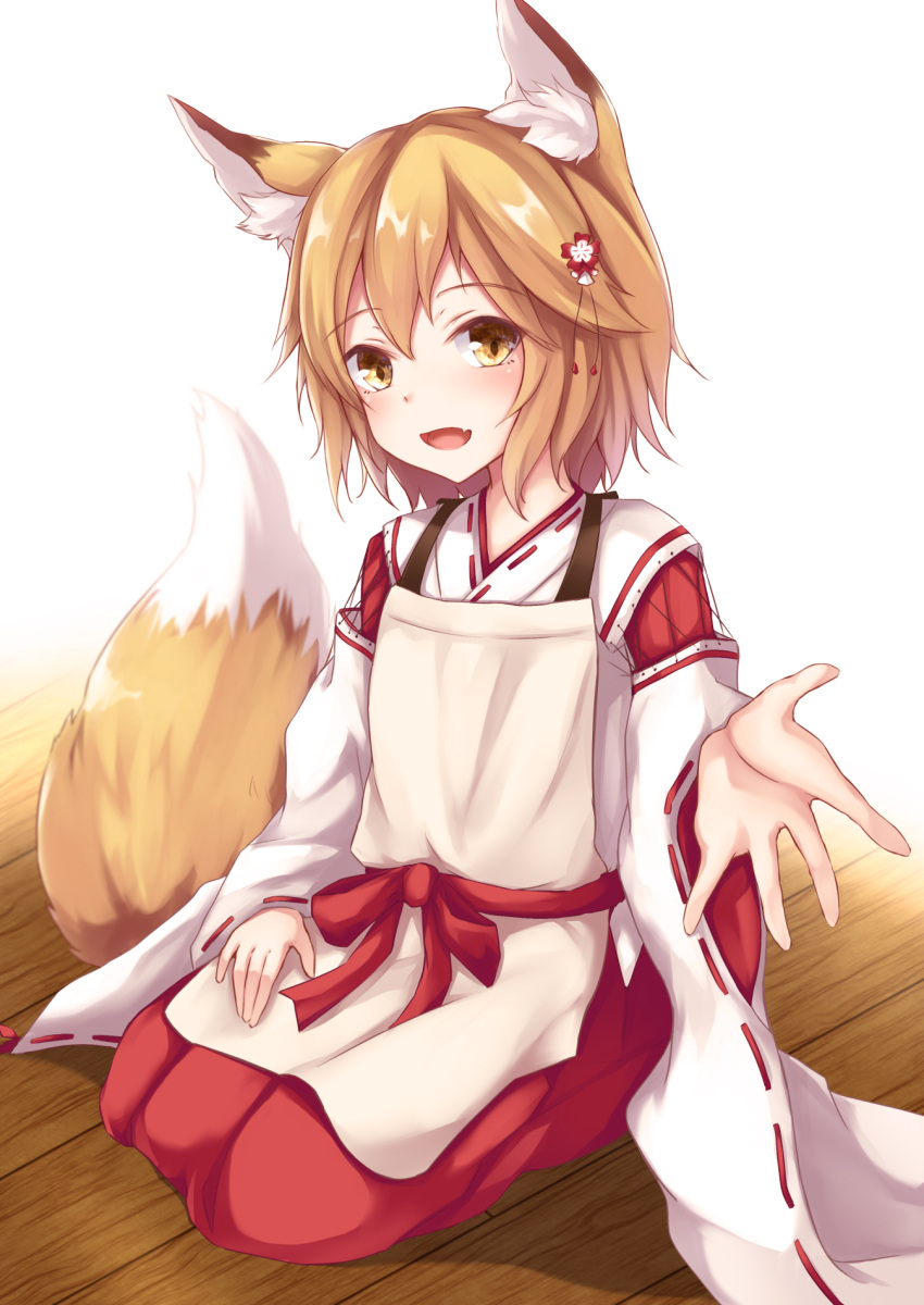 1girl :d animal_ear_fluff animal_ears apron bangs blush brown_apron brown_eyes brown_hair commentary_request eyebrows_visible_through_hair fang flower fox_ears fox_girl fox_tail hair_between_eyes hair_flower hair_ornament hakama highres japanese_clothes kashiwagi_yamine kimono long_hair long_sleeves looking_at_viewer open_mouth red_flower red_hakama revision ribbon-trimmed_sleeves ribbon_trim seiza senko_(sewayaki_kitsune_no_senko-san) sewayaki_kitsune_no_senko-san sitting sleeves_past_wrists smile solo tail white_kimono wide_sleeves wooden_floor