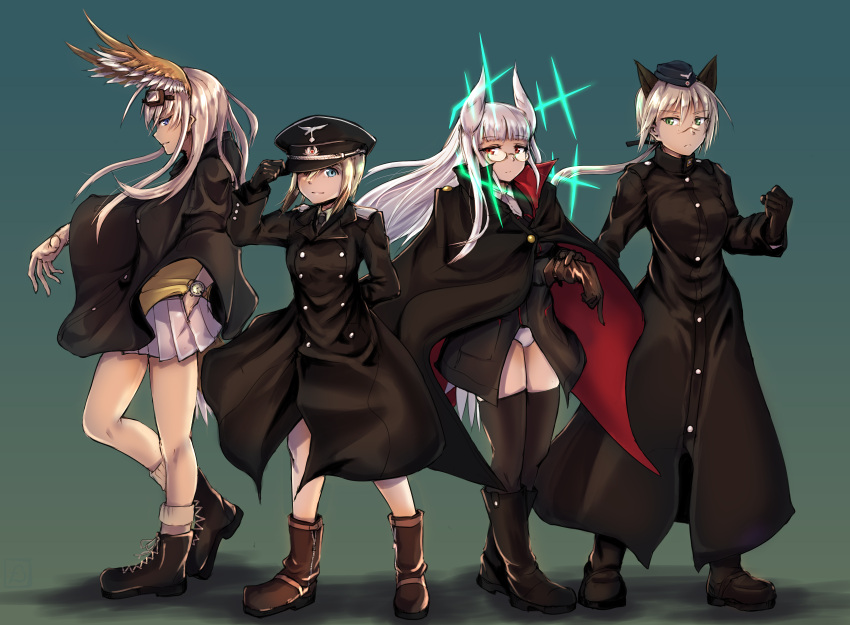 4girls absurdres adjusting_clothes adjusting_gloves adjusting_hat animal_ears bird_ears black_gloves black_legwear blonde_hair blue_eyes boots bra brown_bra clenched_hand coat dog_ears erica_hartmann facial_scar garrison_cap glasses gloves goggles goggles_on_head green_background hanna-justina_marseille hanna_rudel hat head_wings heidimarie_w_schnaufer highres hirschgeweih_antennas long_hair looking_at_viewer multiple_girls necktie nose_scar overcoat panties pondo_(yuikedameiveloci) ponytail red_eyes scar short_hair silver_hair skirt smirk solo strike_witches tail_feathers thigh-highs underwear white_panties world_witches_series