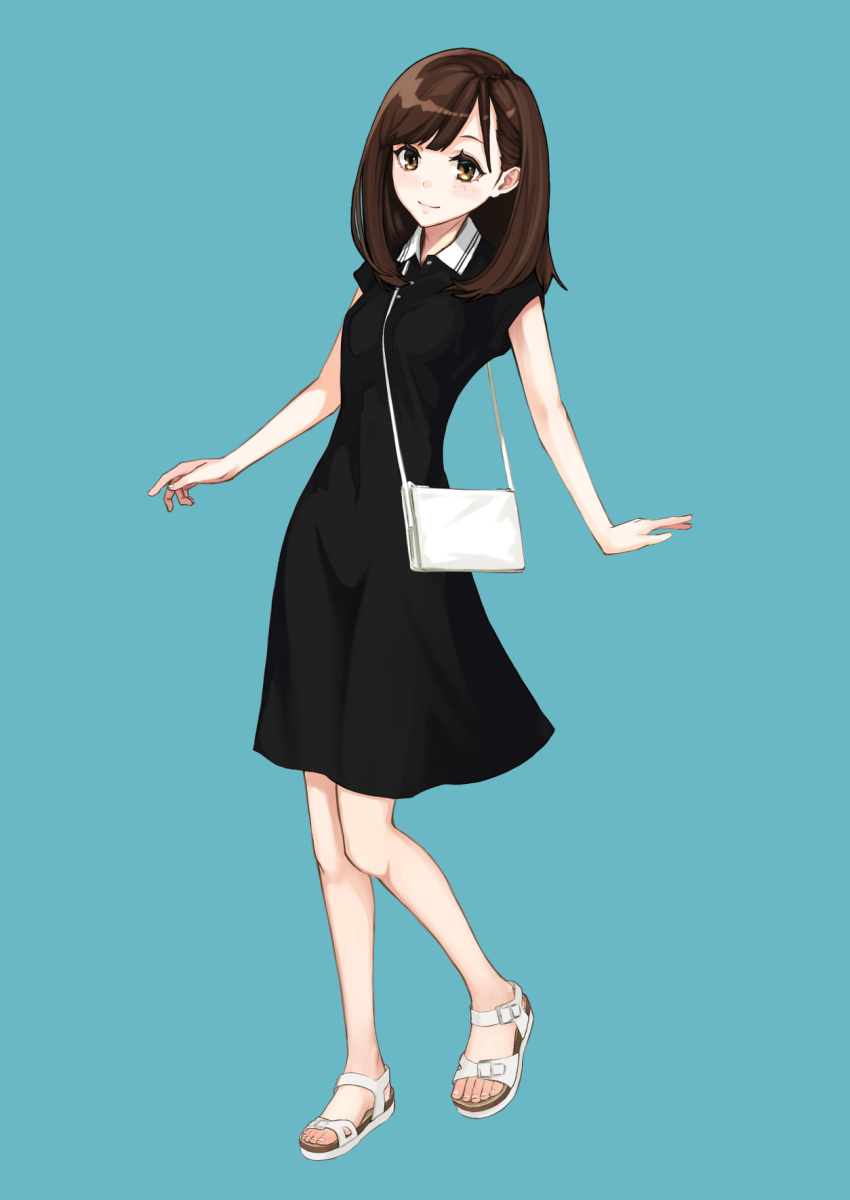 1girl ashiya_hiro bag bangs between_breasts black_dress blue_background blush breasts brown_eyes brown_hair closed_mouth commentary_request dress highres long_hair original sandals short_sleeves shoulder_bag simple_background small_breasts smile solo standing standing_on_one_leg strap_between_breasts white_footwear