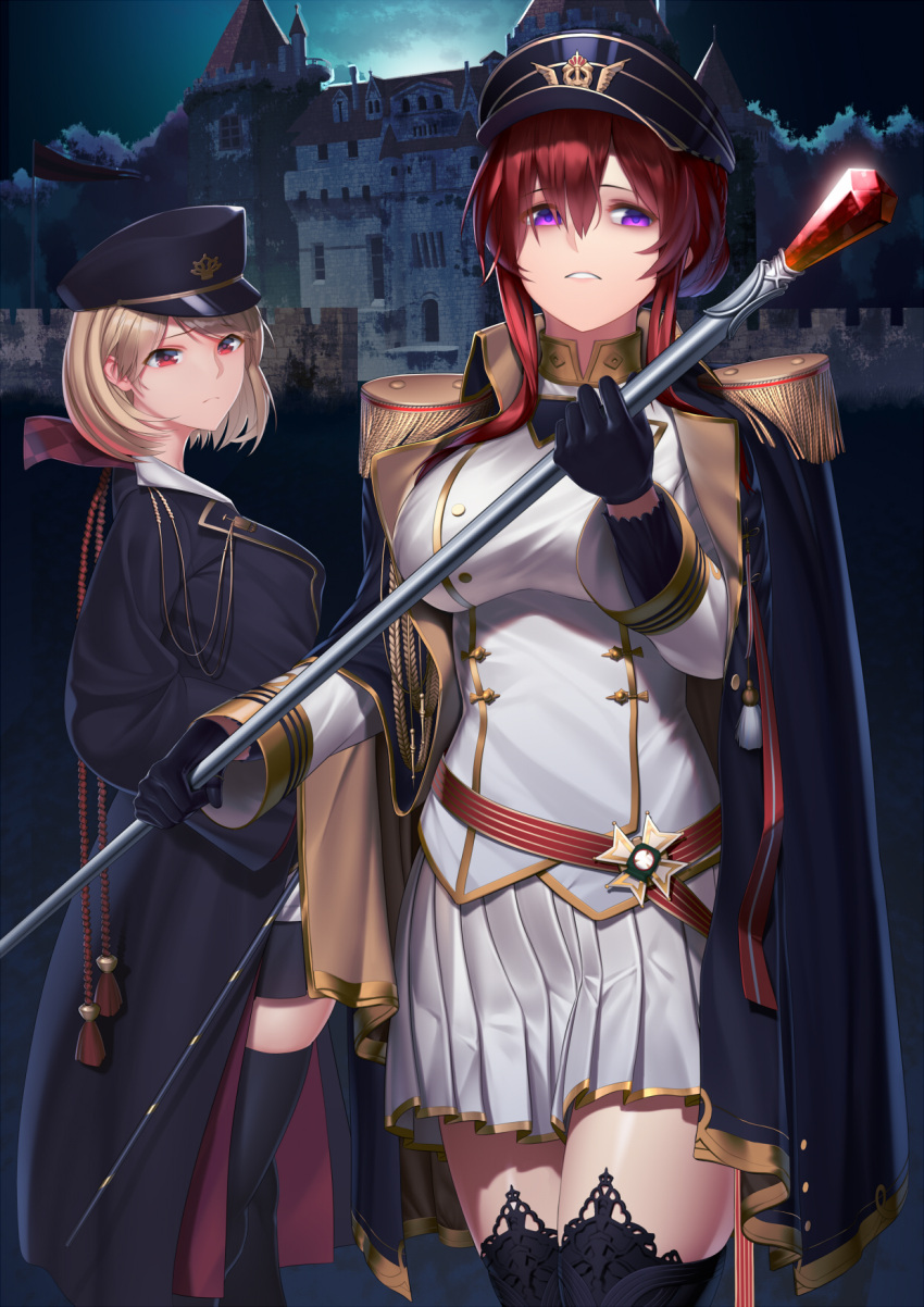 2girls azur_lane baiyin black_gloves black_legwear blonde_hair breasts castle commentary_request epaulettes gloves hair_between_eyes hat highres holding holding_staff jacket_on_shoulders large_breasts long_hair looking_at_viewer military military_uniform monarch_(azur_lane) multiple_girls night peaked_cap pleated_skirt prince_of_wales_(azur_lane) red_eyes redhead short_hair skirt staff thigh-highs trench_coat uniform violet_eyes white_skirt