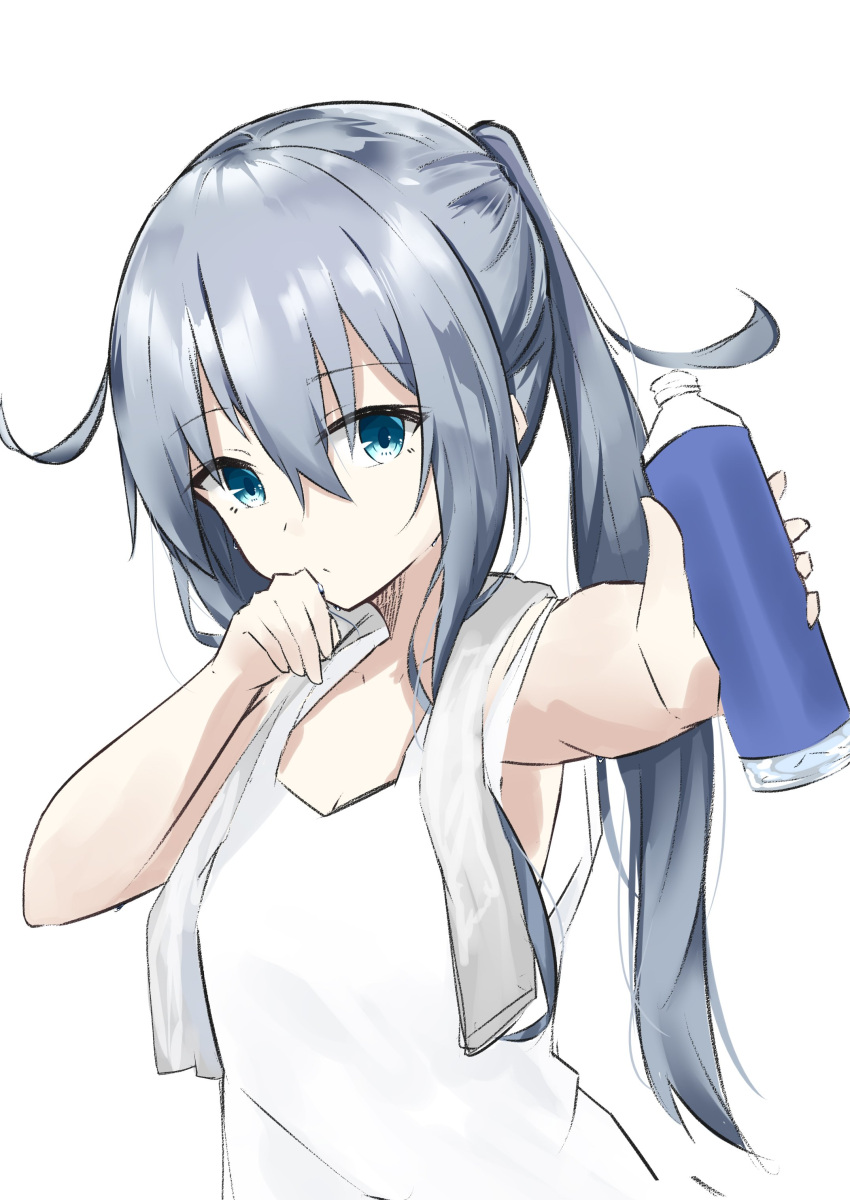 1girl absurdres alternate_hairstyle arm_up armpits blue_eyes bottle commentary_request evening_rabbit eyebrows_visible_through_hair giving hair_between_eyes head_tilt hibiki_(kantai_collection) highres holding holding_bottle kantai_collection long_hair outstretched_arm ponytail sidelocks silver_hair solo tank_top towel towel_around_neck upper_body wiping_mouth