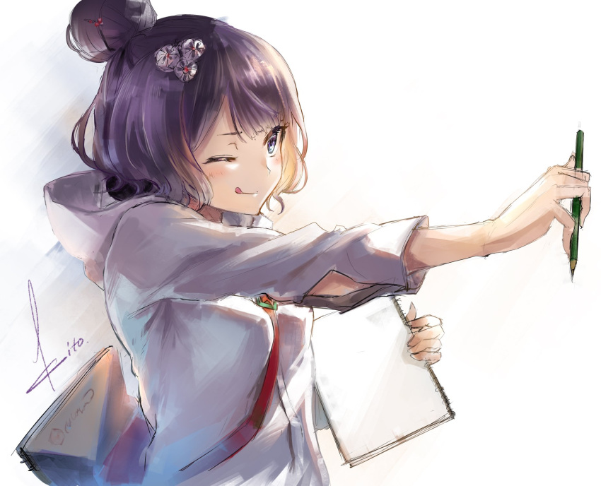 1girl :d bag fate/grand_order fate_(series) hair_bun hair_ornament highres hood hoodie katsushika_hokusai_(fate/grand_order) kito_(kito2) measuring one_eye_closed open_mouth pencil purple_hair satchel shoulder_bag signature simple_background sketch sketchpad smile solo white_background