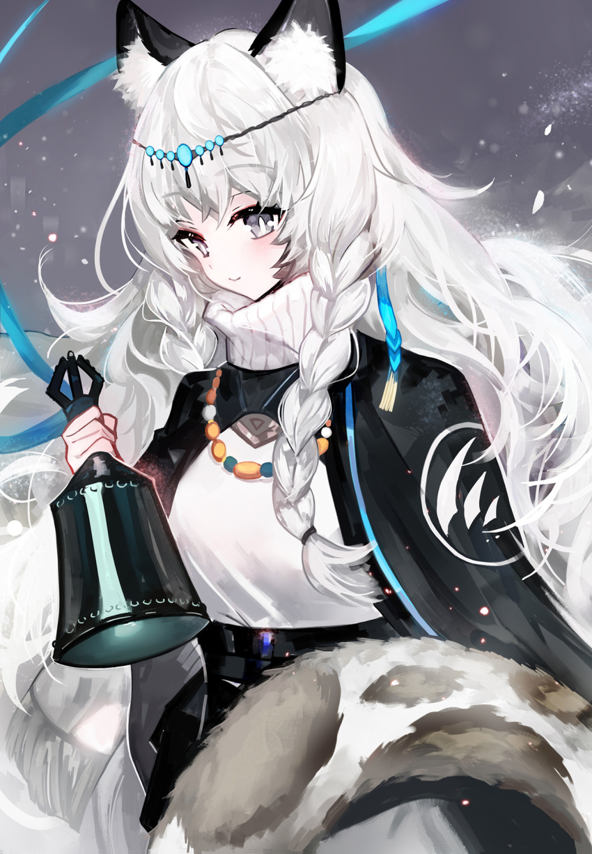 1girl animal_ear_fluff animal_ears arknights bangs black_jacket black_skirt blush closed_mouth commentary_request eyebrows_visible_through_hair grey_eyes hair_between_eyes highres holding jacket long_hair moemoe3345 open_clothes open_jacket pramanix_(arknights) shirt skirt smile solo tail tail_raised turtleneck very_long_hair white_hair white_shirt