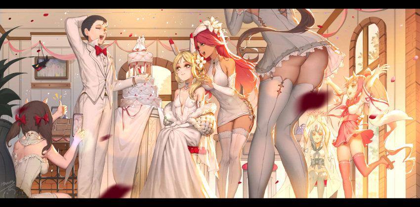 1boy 6+girls asashio_(azur_lane) ayanami_(azur_lane) azur_lane bow bowtie bridal_veil commander_(azur_lane) dress fake_horns flower hair_flower hair_ornament interior itoucon jamaica_(azur_lane) jewelry multiple_girls nagara_(azur_lane) ring ryuujou_(azur_lane) veil wedding wedding_cake wedding_dress wedding_ring