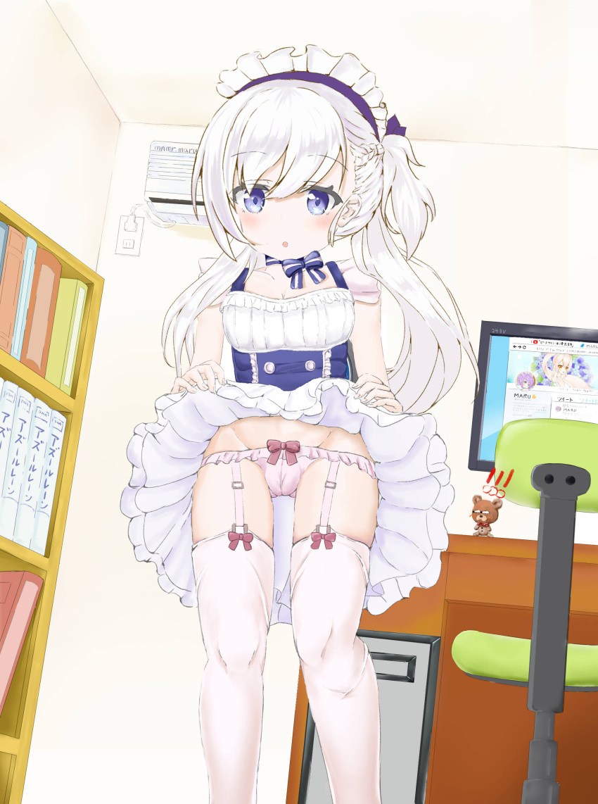 absurdres apron azur_lane belchan_(azur_lane) belfast_(azur_lane) blue_eyes bow bow_panties braid choker garter_belt garter_straps highres indoors lifted_by_self maid maid_apron maid_dress maid_headdress mnmr_maru panties pink_panties side_ponytail thigh-highs underwear white_hair white_legwear younger