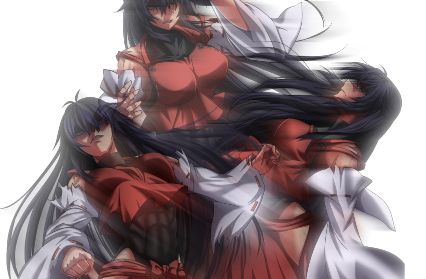 1girl abs afterimage antenna_hair black_hair breasts clenched_hand commentary_request detached_sleeves dodging hakama highleg highleg_leotard highres hip_vent japanese_clothes large_breasts leotard leotard_under_clothes long_hair m.u.g.e.n muscle nontraditional_miko original red_hakama scar sendai_hakurei_no_miko solo touhou very_long_hair wide_sleeves yagami_(mukage) yellow_eyes