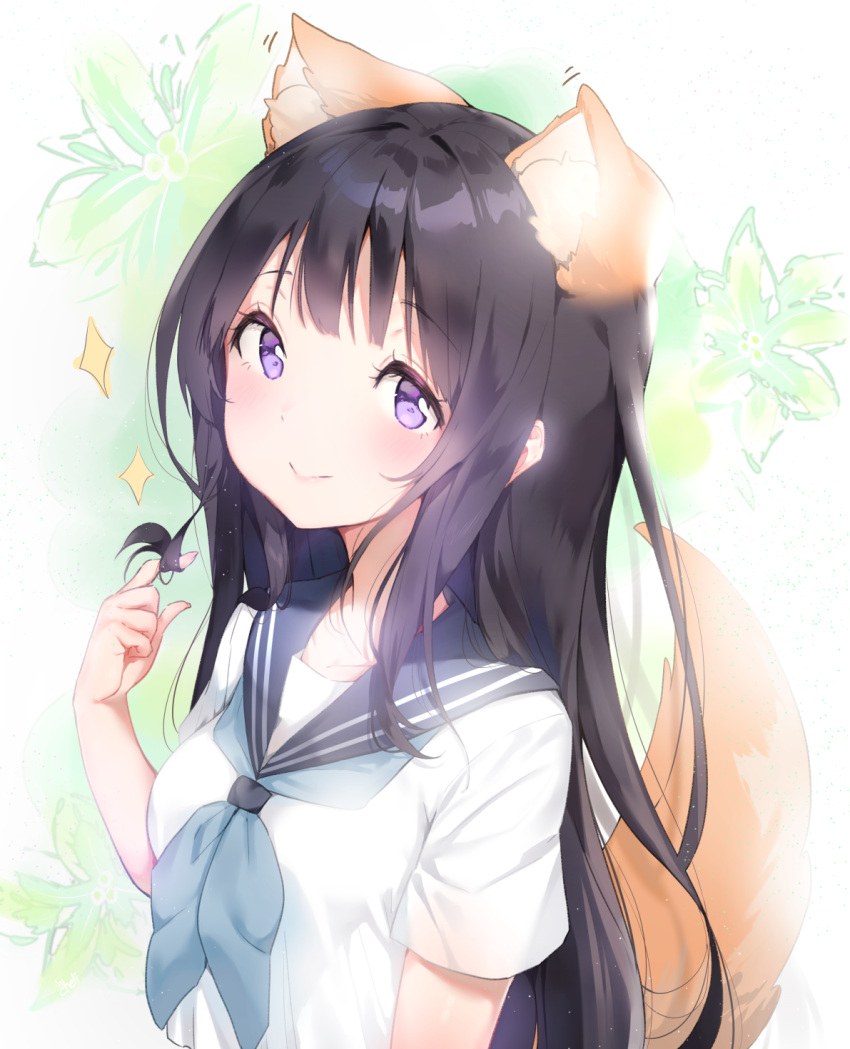 1girl animal_ear_fluff animal_ears bangs black_hair blue_neckwear blue_sailor_collar blush breasts cheli_(kso1564) chitanda_eru closed_mouth commentary_request dog_ears dog_girl dog_tail eyebrows_visible_through_hair fingernails floral_background green_flower hair_tousle highres hyouka long_hair neckerchief sailor_collar shirt short_sleeves small_breasts smile solo sparkle tail tail_raised upper_body very_long_hair violet_eyes white_background white_shirt