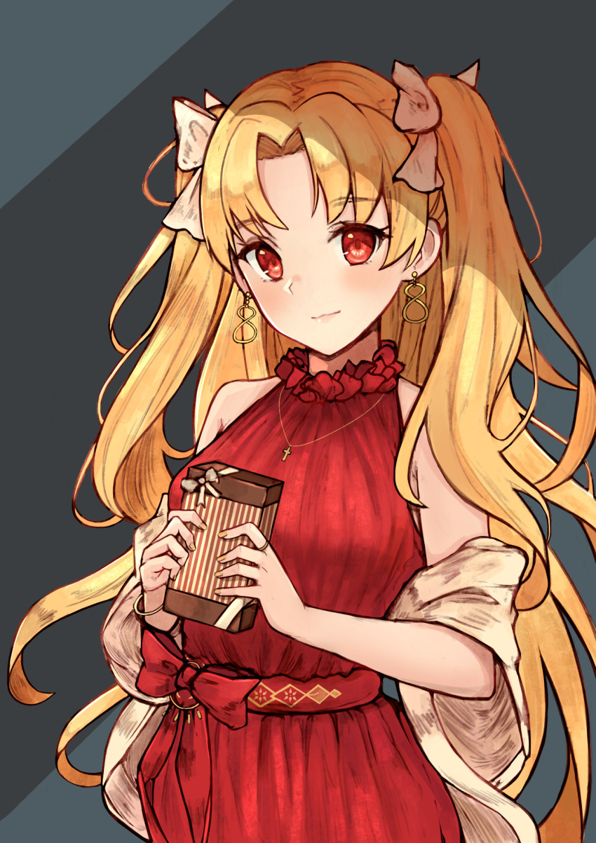 1girl bangle bangs bare_shoulders bitter_sweet_(fate/grand_order) blonde_hair blush box bracelet breasts casual closed_mouth cross cross_necklace dress earrings ereshkigal_(fate/grand_order) eyebrows_visible_through_hair fate/grand_order fate_(series) gift gift_box hair_ribbon hands_up highres holding holding_gift hoop_earrings infinity jewelry leatzche long_hair looking_at_viewer medium_breasts necklace off_shoulder parted_bangs red_dress red_eyes red_ribbon ribbon ring shawl simple_background sleeveless sleeveless_dress smile solo straight_hair two-tone_background two_side_up upper_body valentine very_long_hair white_ribbon