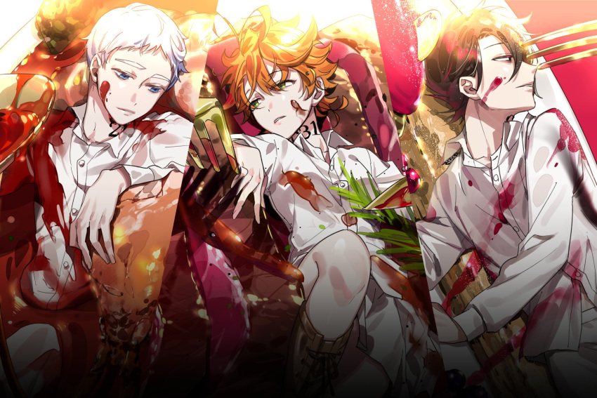 1girl 2boys ahoge black_eyes black_hair blue_eyes boots dirty dirty_clothes dirty_face emma_(yakusoku_no_neverland) food food_on_clothes food_on_face fork green_eyes highres leather leather_boots long_sleeves looking_to_the_side multiple_boys neck_tattoo norman_(yakusoku_no_neverland) number_tattoo on_plate open_mouth orange_hair ray_(yakusoku_no_neverland) shirt short_hair spoon tattoo white_hair white_shirt yakusoku_no_neverland yala1453