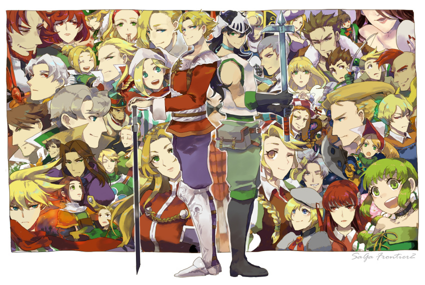 bare_shoulders blonde_hair bow breasts brown_hair cantal_(saga) choker closed_mouth commentary_request cordelia_(saga) diana eleanor_(saga) graphite_(medium) green_hair gustaf gustave_xiii highres hizura_(zura) johan labelle long_hair looking_at_viewer meythia misty_(saga_frontier) multiple_boys multiple_girls narcisse_pironi_iii nicolette_(saga_frontier) primiera_(saga) queen_marie rich_knights roberto saga saga_frontier_2 short_hair sword traditional_media tyler_(saga) virginia_knights weapon william_knights