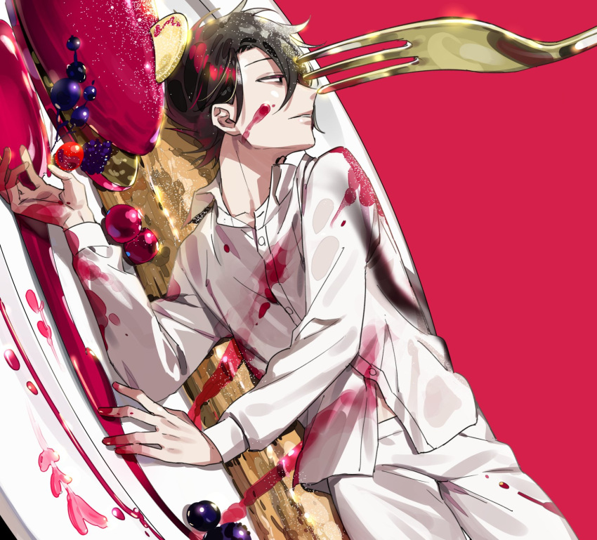 1boy berries black_eyes black_hair cutlery dirty_clothes dirty_face food food_on_clothes food_on_face fork highres long_sleeves looking_to_the_side lying on_plate on_side open_mouth pants ray_(yakusoku_no_neverland) shirt solo syrup white_shirt yakusoku_no_neverland yala1453