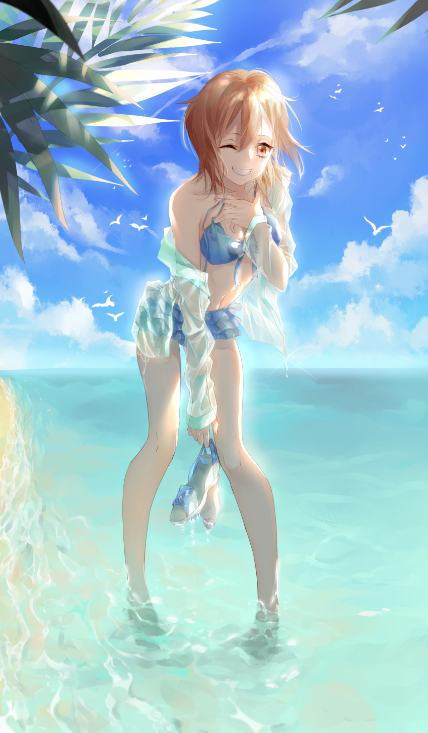 1girl 760458699 ;d absurdres bikini bikini_skirt bird blue_bikini blue_skirt blue_sky brown_eyes brown_hair clouds collarbone day dress_shirt floating_hair full_body grin highres holding holding_shoes layered_skirt long_sleeves looking_at_viewer miniskirt ocean off_shoulder one_eye_closed open_clothes open_mouth open_shirt original outdoors see-through shirt shoes short_hair skirt sky smile soaking_feet solo swimsuit untied untied_bikini wet wet_clothes wet_shirt white_shirt