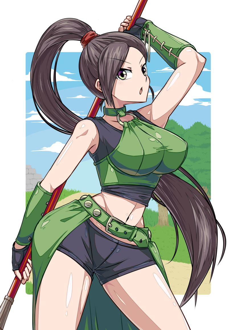 1girl arm_up bare_shoulders bike_shorts black_gloves black_hair blue_sky breasts choker clouds cowboy_shot day dragon_quest dragon_quest_xi eyebrows_visible_through_hair fingerless_gloves gloves green_choker halterneck high_ponytail highres holding holding_weapon large_breasts legs_apart long_hair martina_(dq11) naginata navel o-ring o-ring_top open_mouth outdoors overskirt polearm ponytail sky solo suzusiigasuki v-shaped_eyebrows very_long_hair violet_eyes weapon