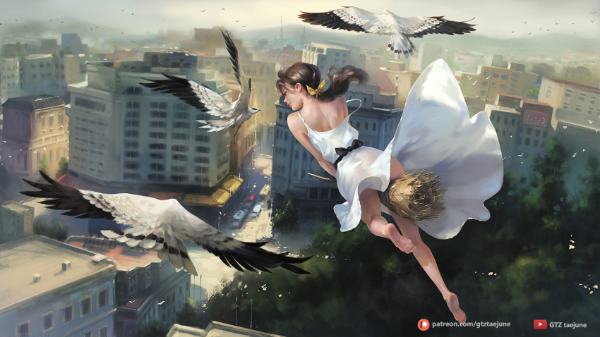 1girl barefoot bird broom broom_riding brown_hair building city cityscape commentary day dress earrings english_commentary flock flying from_behind g-tz hair_ribbon highres jewelry long_hair mole mole_under_eye original outdoors patreon_logo patreon_username ponytail ribbon soles solo strap_slip sunlight tree watermark web_address white_dress yellow_ribbon youtube_logo youtube_username