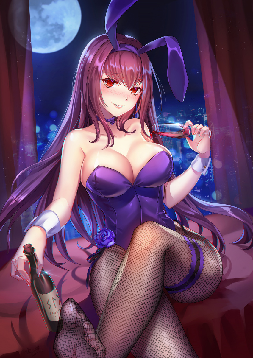 1girl alcohol animal_ears bangs bare_shoulders blurry blurry_background blush bokeh bottle breasts bunnysuit cityscape cleavage collarbone cup depth_of_field eyebrows_visible_through_hair fake_animal_ears fate/grand_order fate_(series) fishnet_legwear fishnets foot_up full_moon glint hair_between_eyes highres holding holding_bottle holding_cup indoors lalazyt large_breasts leg_garter legs legs_crossed leotard long_hair looking_at_viewer moon night pantyhose parted_lips pouring purple_hair purple_leotard purple_lips rabbit_ears red_eyes scathach_(fate)_(all) scathach_(fate/grand_order) sidelocks sitting smile solo strapless strapless_leotard thighs toes very_long_hair window wrist_cuffs