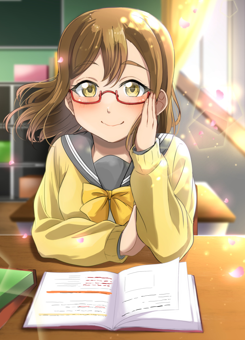 1girl absurdres adjusting_eyewear brown_hair cherry_blossoms classroom desk floating_hair glasses grey_sailor_collar highres indoors kunikida_hanamaru lens_flare long_sleeves looking_at_viewer love_live! love_live!_sunshine!! petals sailor_collar semi-rimless_eyewear shiny shiny_hair short_hair sitting smile solo sweater under-rim_eyewear upper_body vorupi yellow_eyes yellow_neckwear yellow_sweater